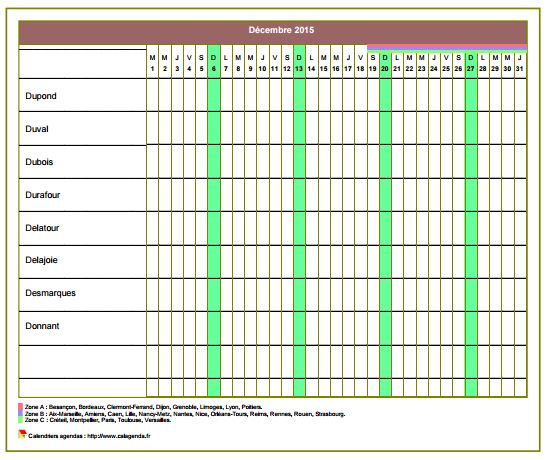 Calendrier 2015 planning horizontal mensuel