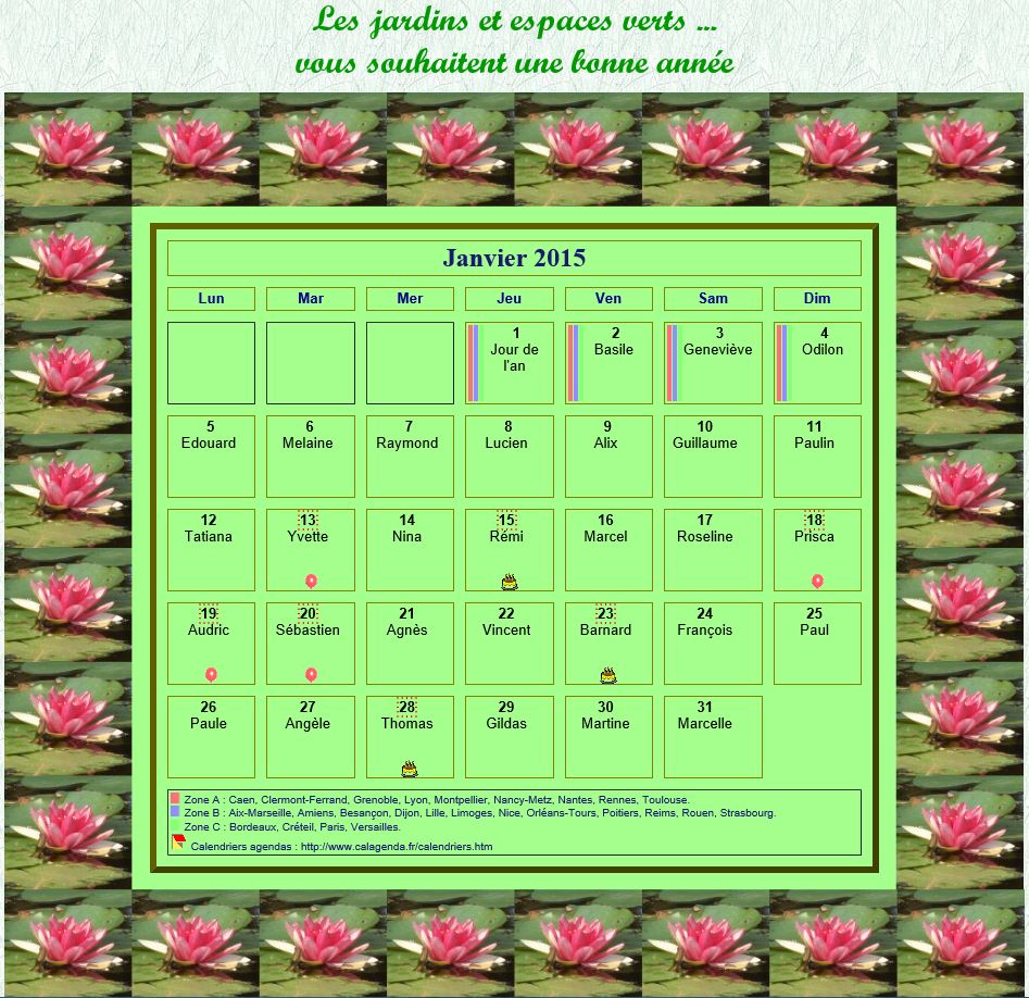 Calendrier 2015 agenda décoratif mensuel, cadre avec motifs nénuphars