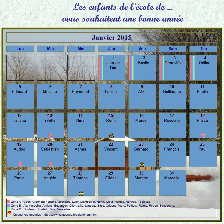 Calendrier 2015 agenda mensuel artistique avec photo et légende, paysage hivernal