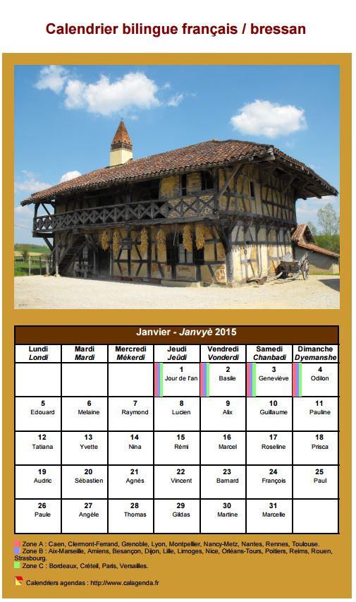 Calendrier mensuel 2015 en patois bressan