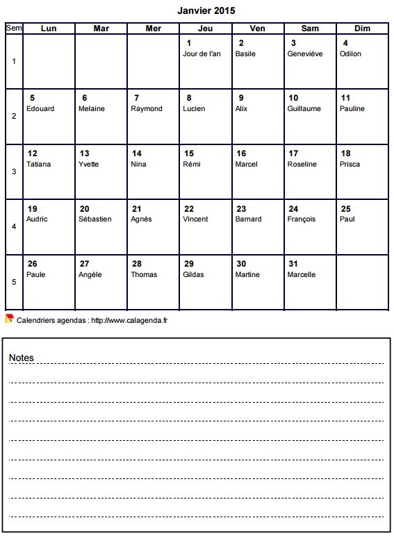 Calendrier mensuel 2015 avec notes