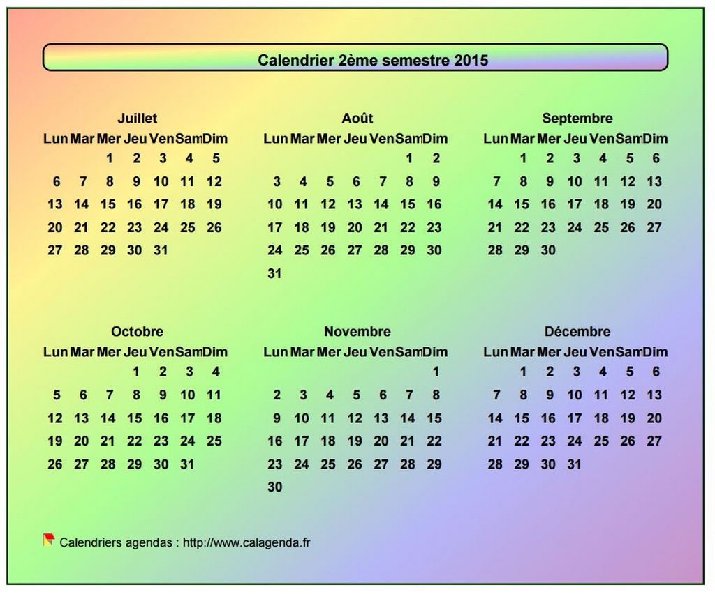 Calendrier 2015 semestriel style arc en ciel