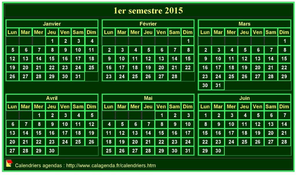 Calendrier 2015 à imprimer, semestriel, format mini de poche, fond vert