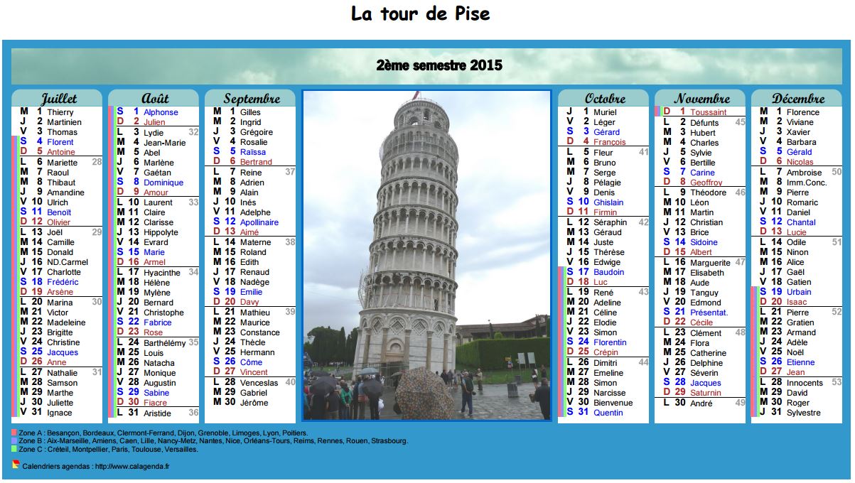 Calendrier 2015 semestriel en colonnes avec photo au centre