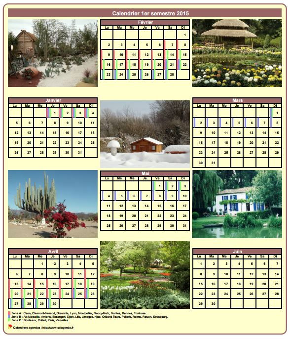 Calendrier 2015 semestriel avec une photo différente chaque mois