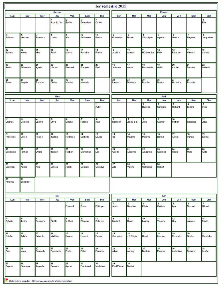 Calendrier 2015 à imprimer semestriel, format portrait, avec les fêtes