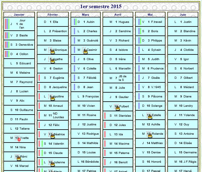 Modèle par défaut du calendrier agenda semestriel, une colonne par mois