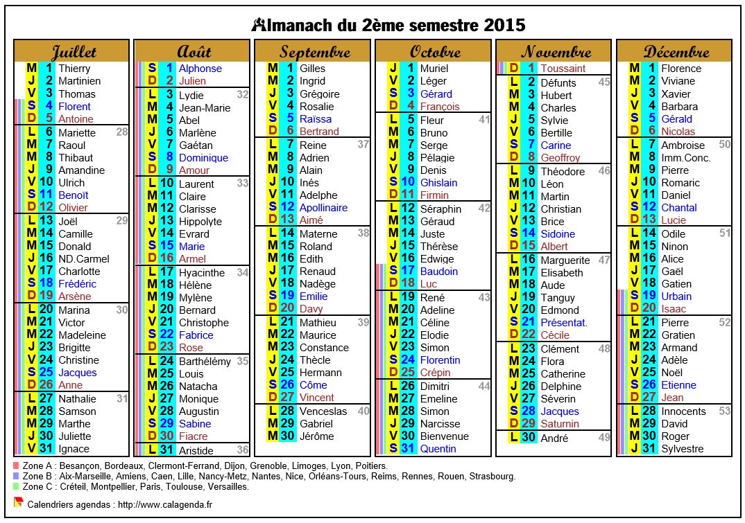 Calendrier 2015 semestriel six colonnes de format paysage