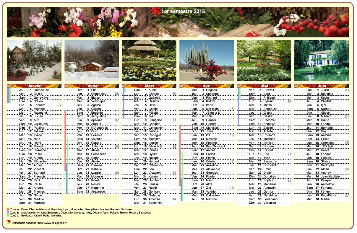Calendrier 2015 semestriel en colonnes avec une photo différente chaque mois