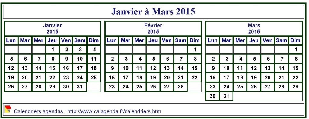 Calendrier 2015 à imprimer trimestriel, format mini de poche, fond blanc