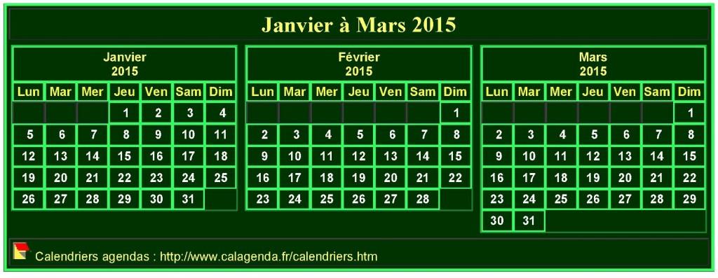 Calendrier 2015 à imprimer trimestriel, format mini de poche, fond vert