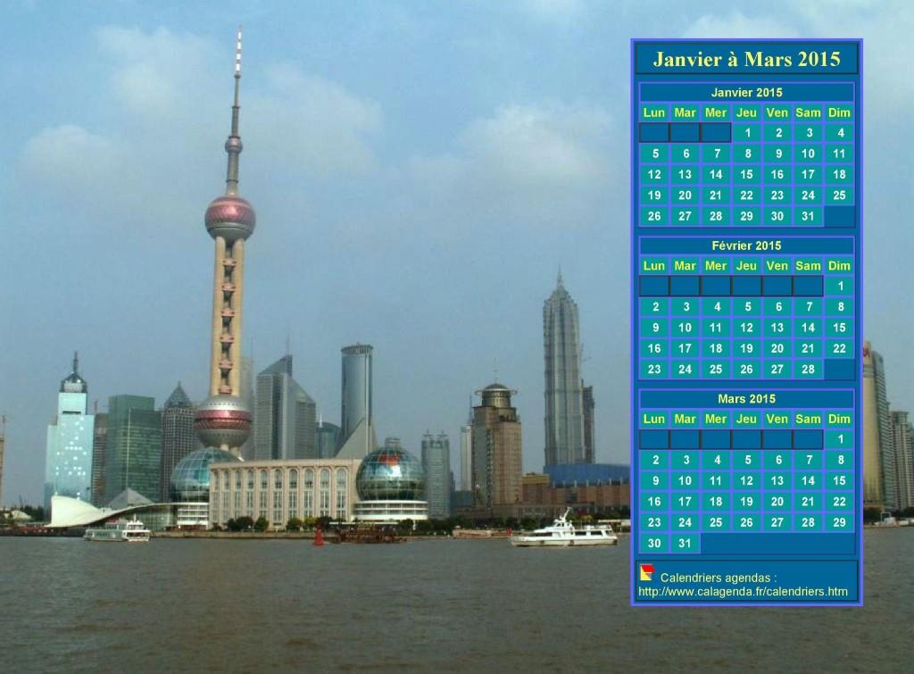 Calendrier 2015 à imprimer trimestriel, format paysage, au dessus de la partie droite d'une photo (Shangaï).