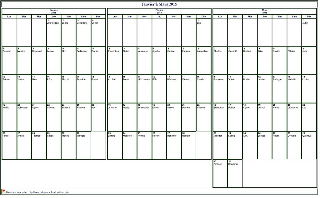 Calendrier 2015 à imprimer trimestriel, format paysage, avec les fêtes