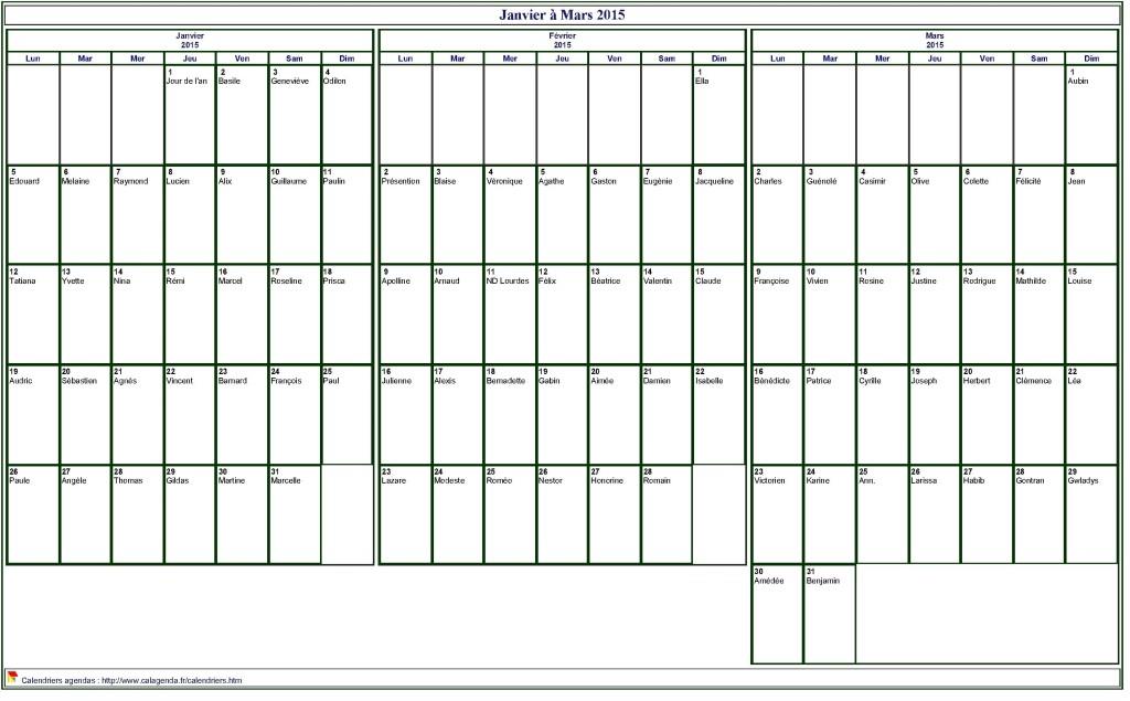 Calendrier 2015 à imprimer trimestriel, format paysage, avec les fêtes