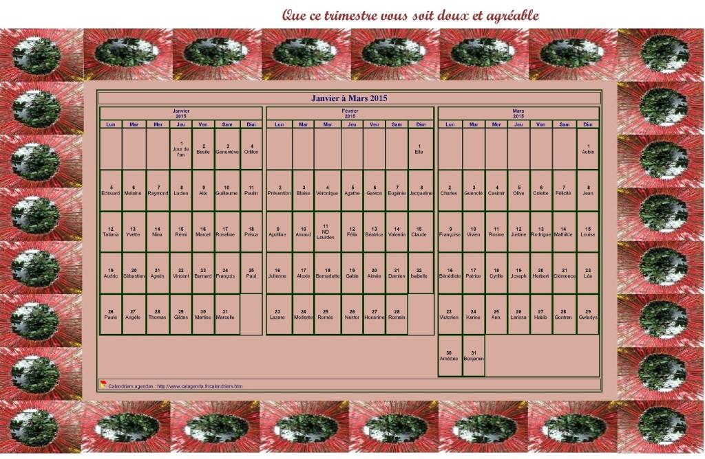 Calendrier 2015 à imprimer décoratif trimestriel, format paysage, avec un cadre photo