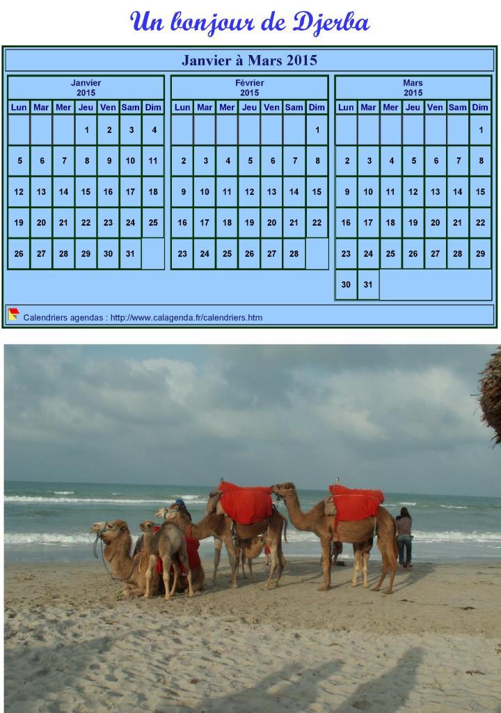 Calendrier 2015 à imprimer trimestriel, format mini, fond bleu, avec photo