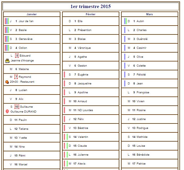 Calendrier 2015 trimestriel avec agenda détaillé, format portrait, une colonne par mois