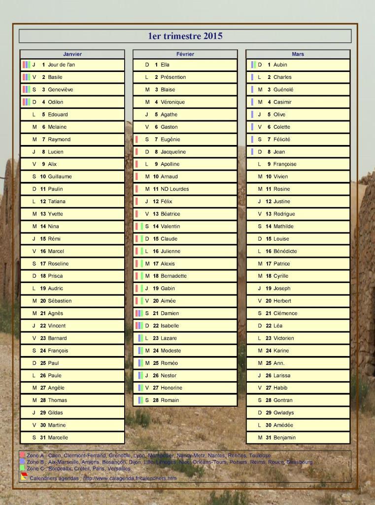 Calendrier 2015 trimestriel décoratif avec photo, format portrait, une colonne par mois