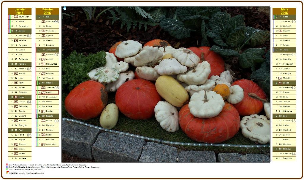 Calendrier 2015 trimestriel en colonnes avec photo à l'intérieur.