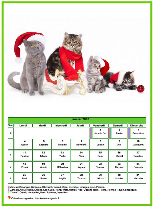 Calendrier janvier 2016 chats Calendrier janvier 2016 chats