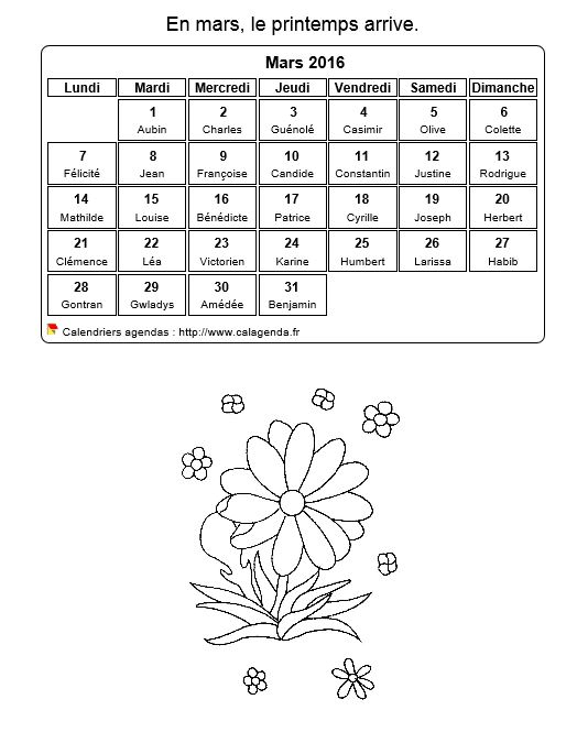 Calendrier 2016 à colorier du mois de mars