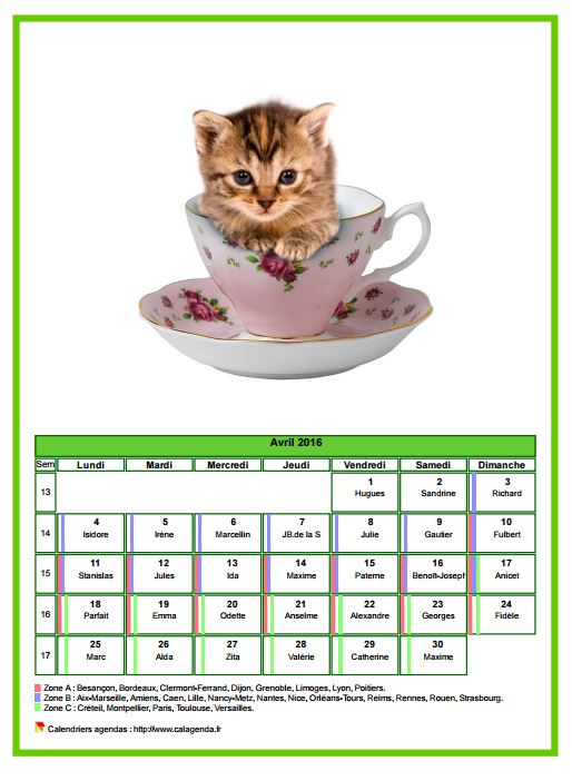 Calendrier avril 2016 chats