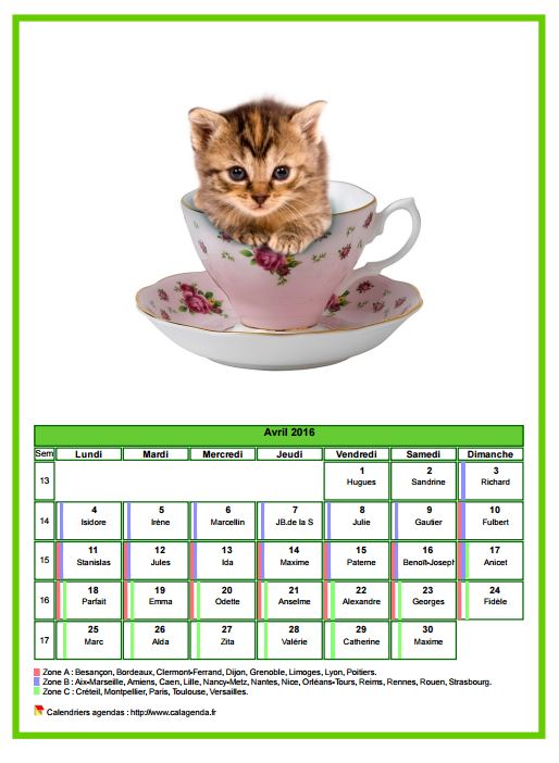 Calendrier avril 2016 chats Calendrier avril 2016 chats