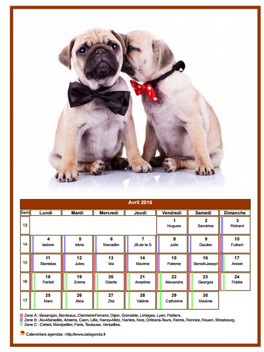Calendrier avril 2016 chiens Calendrier avril 2016 chiens