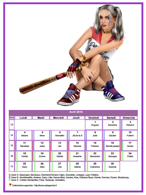 Calendrier avril 2016 femmes
