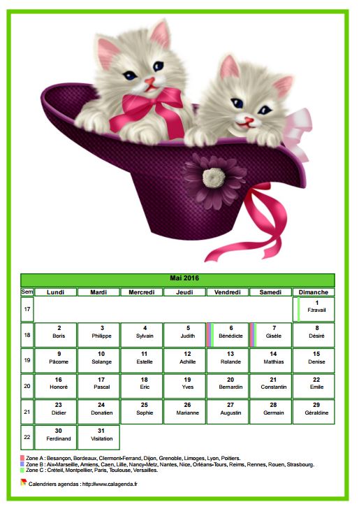 Calendrier mai 2016 chats