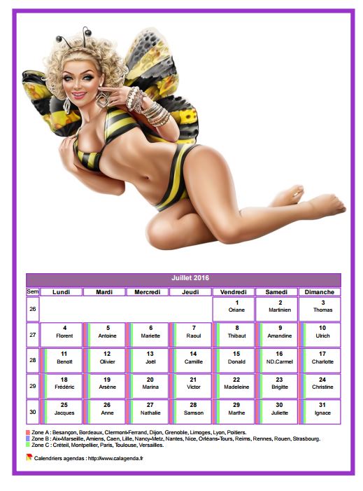 Calendrier juillet 2016 femmes