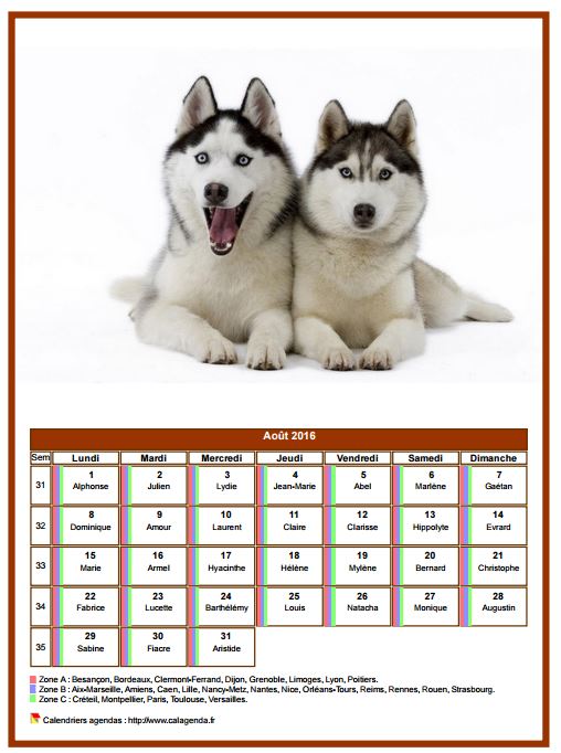 Calendrier août 2016 chiens Calendrier août 2016 chiens