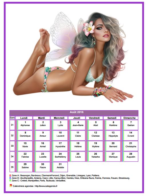 Calendrier août 2016 femmes