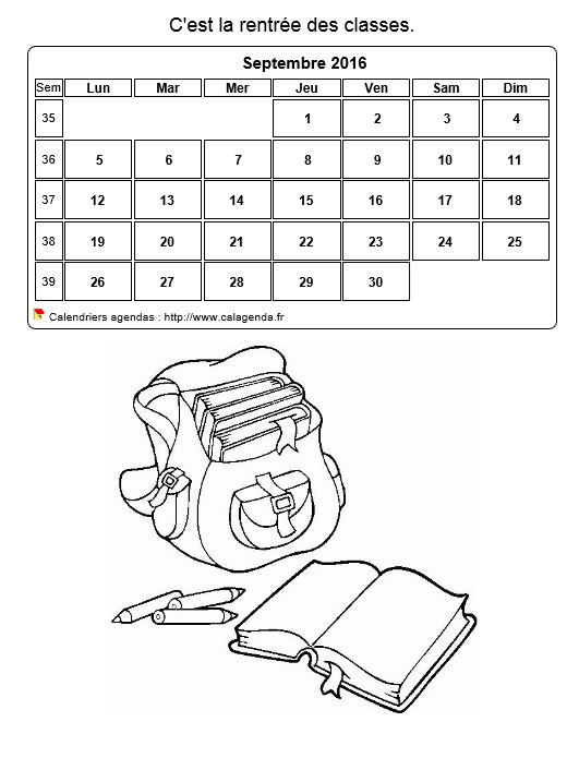 Calendrier 2016 à colorier du mois de septembre