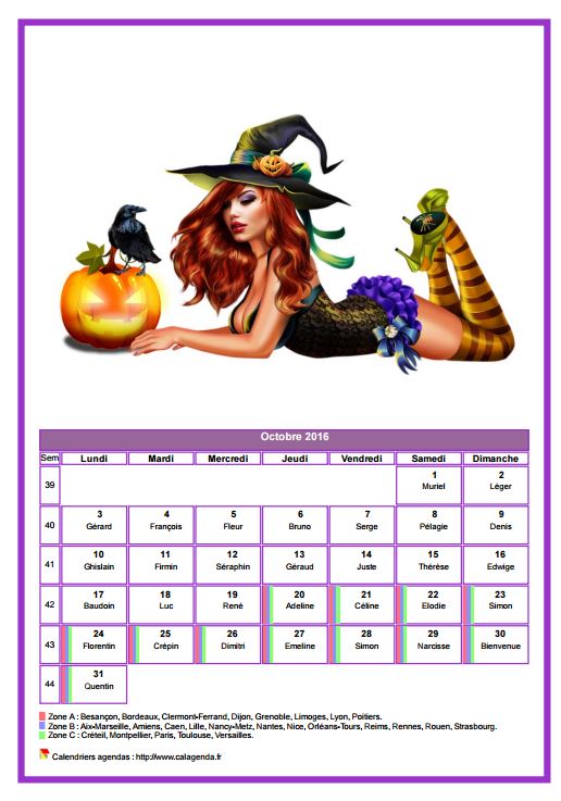 Calendrier octobre 2016 femmes