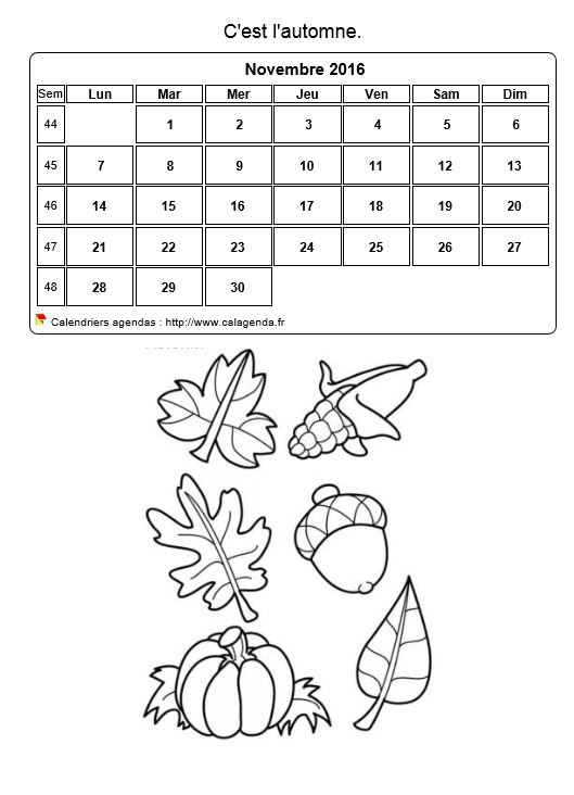 Calendrier 2016 à colorier du mois de novembre