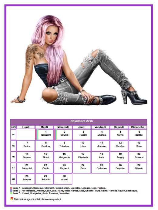 Calendrier novembre 2016 femmes