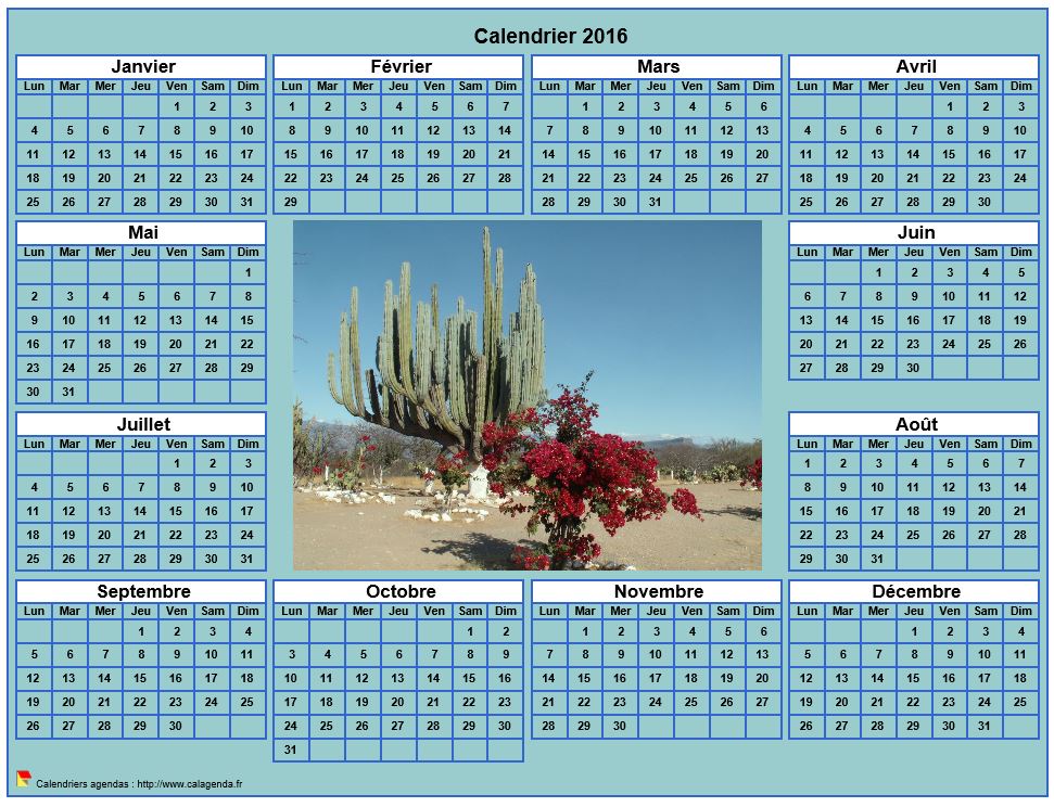 Calendrier 2016 photo annuel à imprimer, fond cyan, format paysage, sous-main ou mural