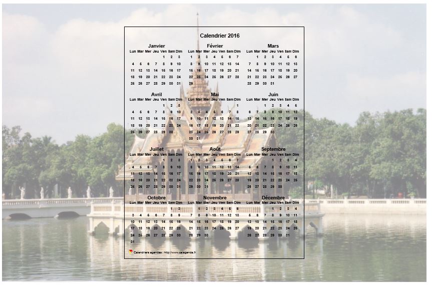 Calendrier 2016 annuel à imprimer, format paysage, une ligne par trimestre, incrusté au centre d'une photo