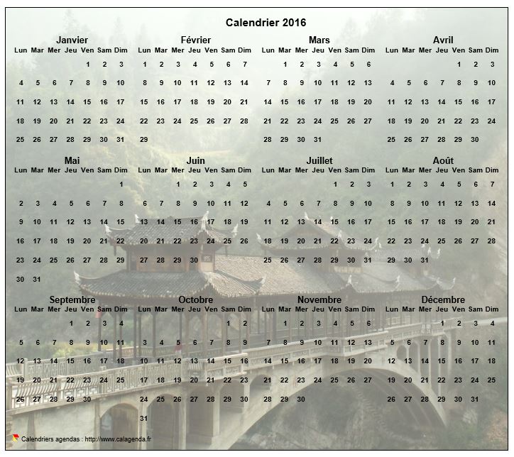 Calendrier 2016 annuel à imprimer, format paysage, quatre colonnes par trois lignes, par dessus une photo