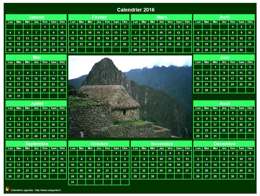 Calendrier 2016 photo annuel à imprimer, fond vert, format paysage