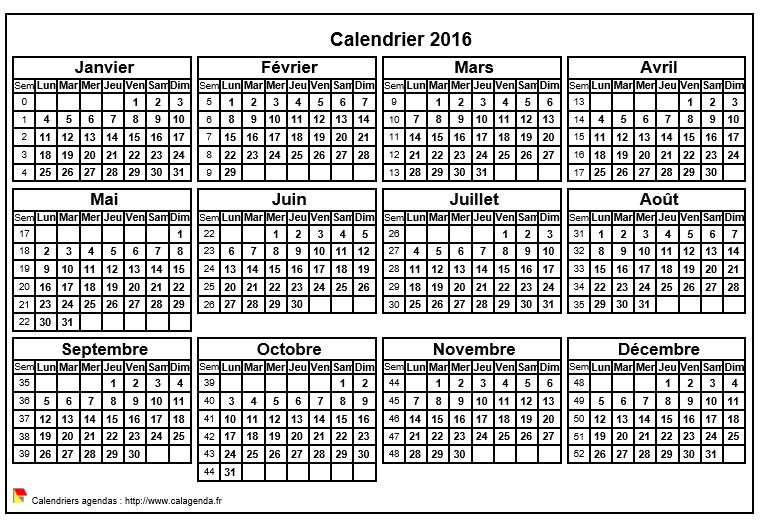 Calendrier 2016 format paysage