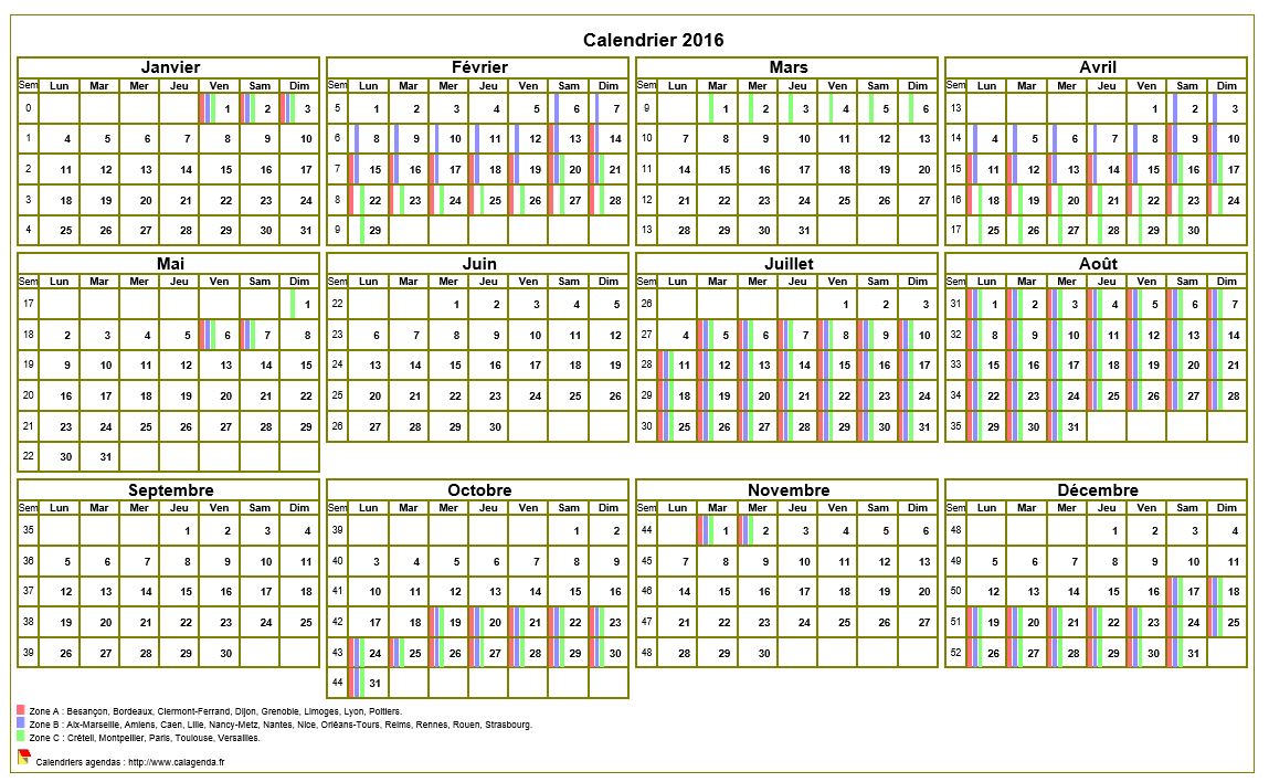 Calendrier 2016 annuel à imprimer, avec les vacances scolaires, format paysage