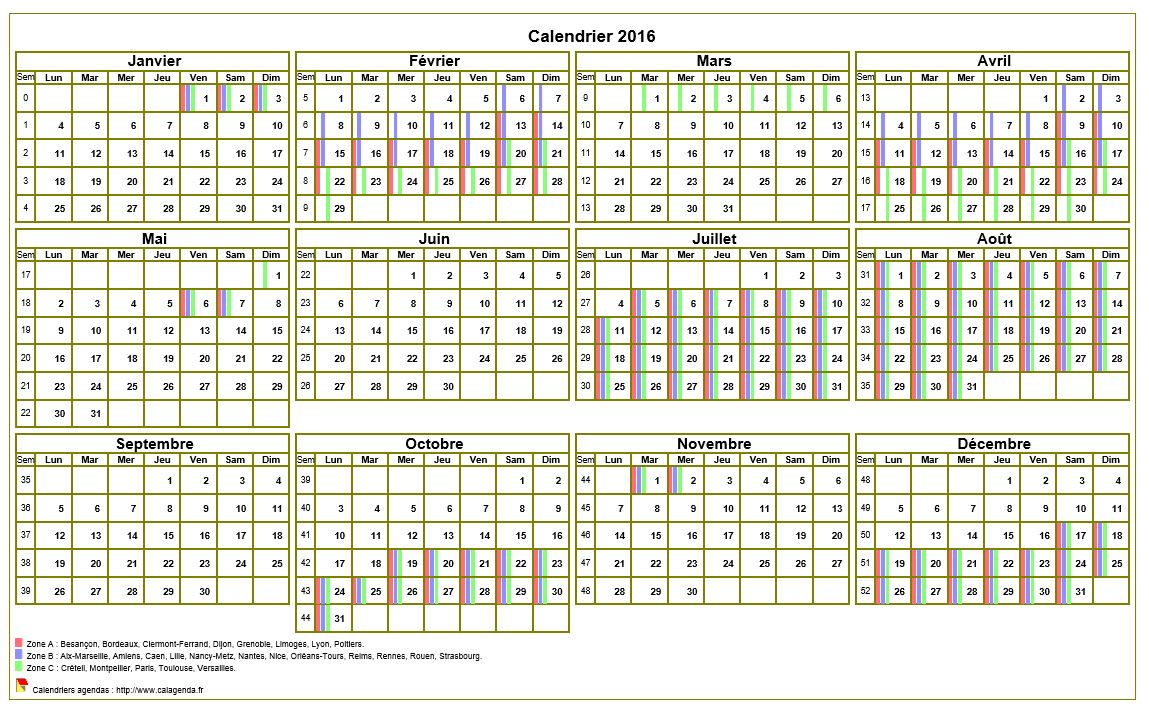 Calendrier 2016 annuel à imprimer, avec les vacances scolaires, format paysage