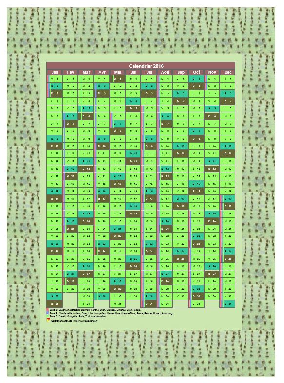 Calendrier 2016 annuel décoratif, 12 colonnes, cadre photo vert, avec les vacances scolaires