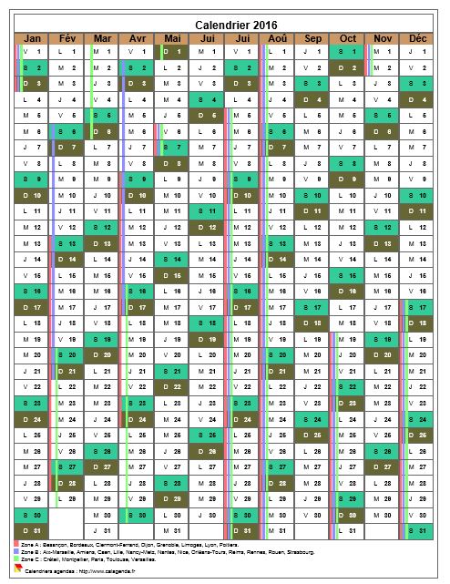 Calendrier 2016 annuel, 12 colonnes, avec les vacances scolaires