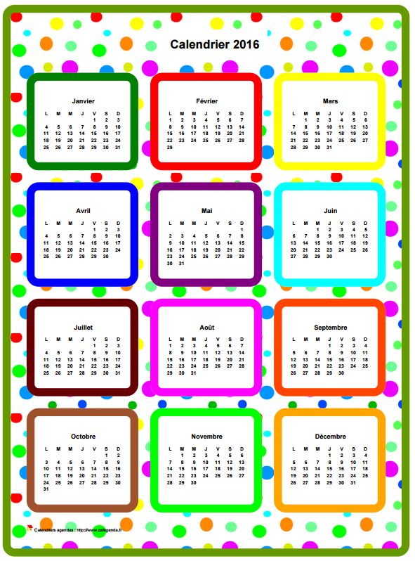 Calendrier 2016 annuel en couleurs Calendrier 2016 annuel en couleurs