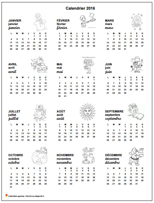 Calendrier 2016 annuel école primaire et maternelle