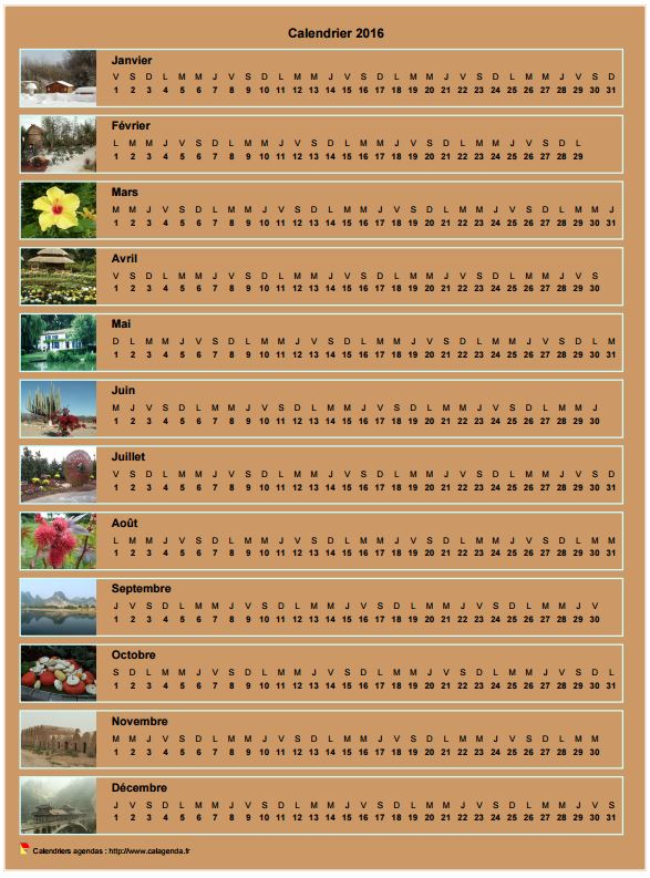 Calendrier 2016 annuel horizontal avec 12 photos