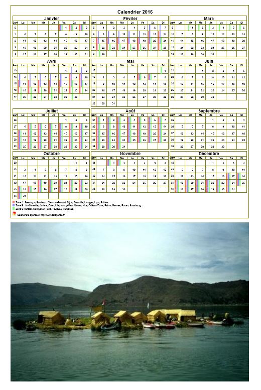 Calendrier 2016 annuel, 3 colonnes, une ligne par trimestre (format portrait avec photo)